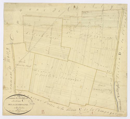 CHAMPLAN. - Section C - Champagne (la), 2, ech. 1/1250, coul., aquarelle, papier, 64x68 (1811). 