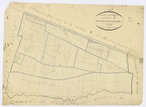 CHAMPLAN. - Section E - Belles Fontaines (les), 2, ech. 1/1250, coul., aquarelle, papier, 58x79 (1811). 