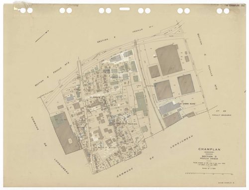 CHAMPLAN, plans minutes de conservation : tableau d'assemblage,1935, Ech. 1/5000 ; plans des sections Bu, Du, Fu, Gu, A1, A2, C1, C2, E1, E2 , 1935, Ech. 1/1250. Polyester. N et B. Dim. 105 x 80 cm [11 plans]. 