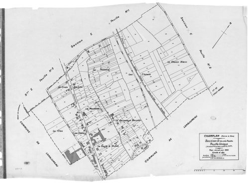 CHAMPLAN .- Cadastre révisé pour 1935 : plan du tableau d'assemblage, plans de la section A la Butte 1ère feuille, idem 2ème feuille, section C la Champagne 1ère feuille, idem 2ème feuille, section D la Pinotte, section E les Belles Fontaines 1ère feuille