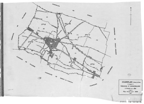 CHAMPLAN .- Cadastre révisé pour 1935 : plan du tableau d'assemblage, plans de la section A la Butte 1ère feuille, idem 2ème feuille, section C la Champagne 1ère feuille, idem 2ème feuille, section D la Pinotte, section E les Belles Fontaines 1ère feuille
