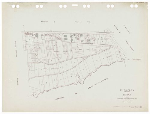 CHAMPLAN, plans minutes de conservation : tableau d'assemblage,1935, Ech. 1/5000 ; plans des sections Bu, Du, Fu, Gu, A1, A2, C1, C2, E1, E2 , 1935, Ech. 1/1250. Polyester. N et B. Dim. 105 x 80 cm [11 plans]. 