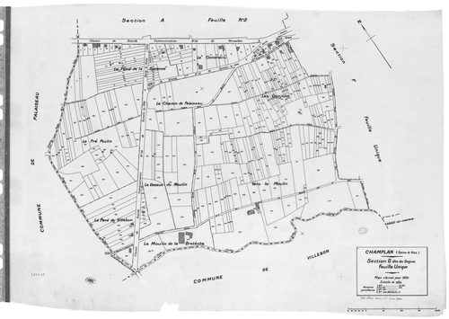 CHAMPLAN .- Cadastre révisé pour 1935 : plan du tableau d'assemblage, plans de la section A la Butte 1ère feuille, idem 2ème feuille, section C la Champagne 1ère feuille, idem 2ème feuille, section D la Pinotte, section E les Belles Fontaines 1ère feuille