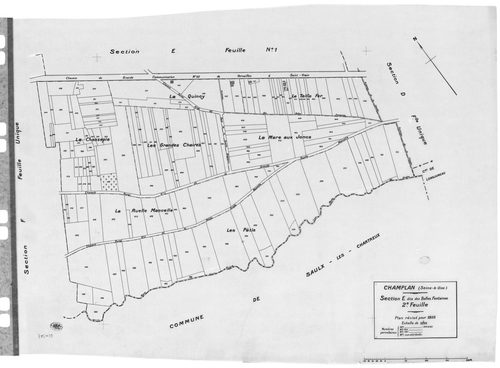 CHAMPLAN .- Cadastre révisé pour 1935 : plan du tableau d'assemblage, plans de la section A la Butte 1ère feuille, idem 2ème feuille, section C la Champagne 1ère feuille, idem 2ème feuille, section D la Pinotte, section E les Belles Fontaines 1ère feuille