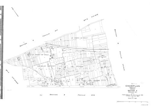 CHAMPLAN .- Cadastre révisé pour 1935 : plan du tableau d'assemblage, plans de la section A la Butte 1ère feuille, idem 2ème feuille, section C la Champagne 1ère feuille, idem 2ème feuille, section D la Pinotte, section E les Belles Fontaines 1ère feuille