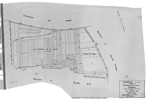 CHAMPLAN .- Cadastre révisé pour 1935 : plan du tableau d'assemblage, plans de la section A la Butte 1ère feuille, idem 2ème feuille, section C la Champagne 1ère feuille, idem 2ème feuille, section D la Pinotte, section E les Belles Fontaines 1ère feuille