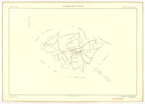 Plans minutes de conservation : CHAMPMOTTEUX : tableau d'assemblage n°1, ech. 1/10000 (1934-1953), sections A, B, C1, C2, ech. 1/2500, section D1 (2 feuillets), ech. 1/1250, sections D2, E, ech. 1/2500 (1934-1953) ; tableau d'assemblage n°2, ech. 1/10000 