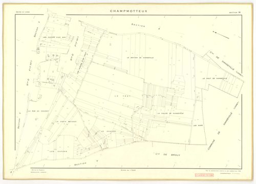 Plans minutes de conservation : CHAMPMOTTEUX : tableau d'assemblage n°1, ech. 1/10000 (1934-1953), sections A, B, C1, C2, ech. 1/2500, section D1 (2 feuillets), ech. 1/1250, sections D2, E, ech. 1/2500 (1934-1953) ; tableau d'assemblage n°2, ech. 1/10000 