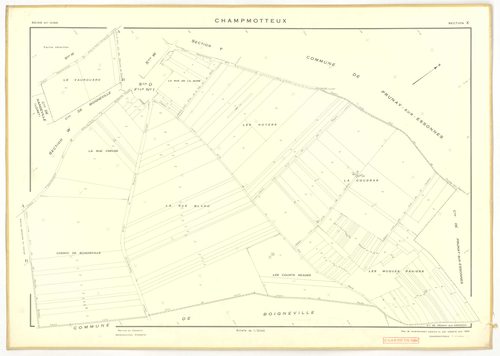 Plans minutes de conservation : CHAMPMOTTEUX : tableau d'assemblage n°1, ech. 1/10000 (1934-1953), sections A, B, C1, C2, ech. 1/2500, section D1 (2 feuillets), ech. 1/1250, sections D2, E, ech. 1/2500 (1934-1953) ; tableau d'assemblage n°2, ech. 1/10000 