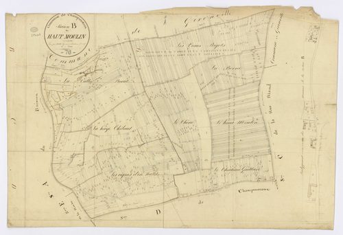 CHAMPMOTTEUX. - Section B - Haut Moulin (le), ech. 1/2500, coul., aquarelle, papier, 67x95 (1813). 