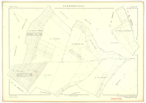 Plans minutes de conservation : CHAMPMOTTEUX : tableau d'assemblage n°1, ech. 1/10000 (1934-1953), sections A, B, C1, C2, ech. 1/2500, section D1 (2 feuillets), ech. 1/1250, sections D2, E, ech. 1/2500 (1934-1953) ; tableau d'assemblage n°2, ech. 1/10000 