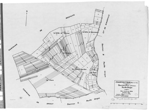 CHAMPMOTTEUX .- Cadastre révisé pour 1934 : plan du tableau d'assemblage, plans de la section A le Buisson, section C la Rue Bland 1ère feuille, idem 2ème feuille ; cadastre renouvelé pour 1953 mis à jour pour 1964 : plan du tableau d'assemblage, plan de 