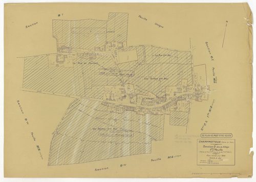 Plans minutes de conservation : CHAMPMOTTEUX : tableau d'assemblage n°1, ech. 1/10000 (1934-1953), sections A, B, C1, C2, ech. 1/2500, section D1 (2 feuillets), ech. 1/1250, sections D2, E, ech. 1/2500 (1934-1953) ; tableau d'assemblage n°2, ech. 1/10000 