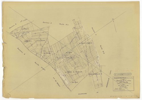 Plans minutes de conservation : CHAMPMOTTEUX : tableau d'assemblage n°1, ech. 1/10000 (1934-1953), sections A, B, C1, C2, ech. 1/2500, section D1 (2 feuillets), ech. 1/1250, sections D2, E, ech. 1/2500 (1934-1953) ; tableau d'assemblage n°2, ech. 1/10000 