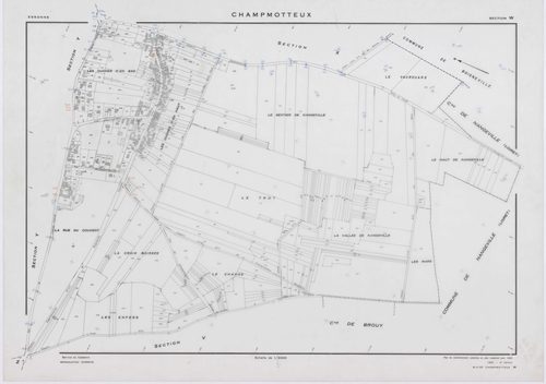 CHAMPMOTTEUX, plans minutes de conservation : tableau d'assemblage, 1953, Ech. 1/10000 ; plans des sections V, W, X, Y, Z, 1953, Ech. 1/2000, section ZA, 1961, Ech. 1/2000. Polyester. N et B. Dim. 105 x 80 cm [7 plans]. 
