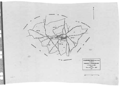 CHAMPMOTTEUX .- Cadastre révisé pour 1934 : plan du tableau d'assemblage, plans de la section A le Buisson, section C la Rue Bland 1ère feuille, idem 2ème feuille ; cadastre renouvelé pour 1953 mis à jour pour 1964 : plan du tableau d'assemblage, plan de 