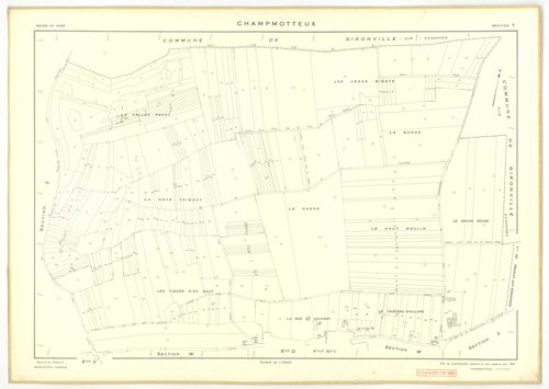 Plans minutes de conservation : CHAMPMOTTEUX : tableau d'assemblage n°1, ech. 1/10000 (1934-1953), sections A, B, C1, C2, ech. 1/2500, section D1 (2 feuillets), ech. 1/1250, sections D2, E, ech. 1/2500 (1934-1953) ; tableau d'assemblage n°2, ech. 1/10000 