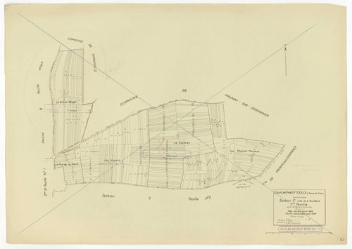 Plans minutes de conservation : CHAMPMOTTEUX : tableau d'assemblage n°1, ech. 1/10000 (1934-1953), sections A, B, C1, C2, ech. 1/2500, section D1 (2 feuillets), ech. 1/1250, sections D2, E, ech. 1/2500 (1934-1953) ; tableau d'assemblage n°2, ech. 1/10000 