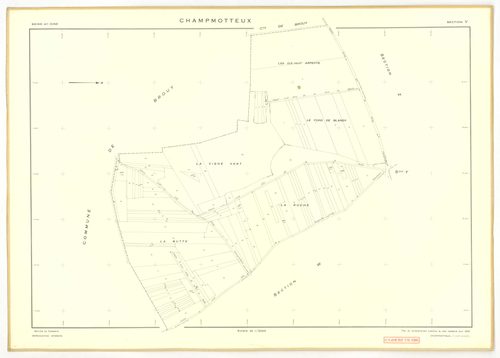 Plans minutes de conservation : CHAMPMOTTEUX : tableau d'assemblage n°1, ech. 1/10000 (1934-1953), sections A, B, C1, C2, ech. 1/2500, section D1 (2 feuillets), ech. 1/1250, sections D2, E, ech. 1/2500 (1934-1953) ; tableau d'assemblage n°2, ech. 1/10000 