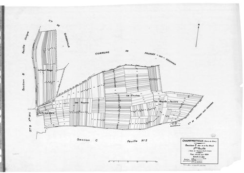CHAMPMOTTEUX .- Cadastre révisé pour 1934 : plan du tableau d'assemblage, plans de la section A le Buisson, section C la Rue Bland 1ère feuille, idem 2ème feuille ; cadastre renouvelé pour 1953 mis à jour pour 1964 : plan du tableau d'assemblage, plan de 