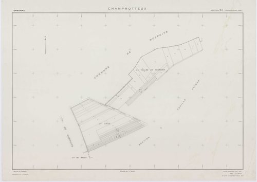 CHAMPMOTTEUX, plans minutes de conservation : tableau d'assemblage, 1953, Ech. 1/10000 ; plans des sections V, W, X, Y, Z, 1953, Ech. 1/2000, section ZA, 1961, Ech. 1/2000. Polyester. N et B. Dim. 105 x 80 cm [7 plans]. 