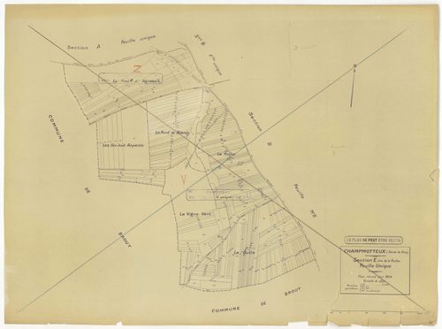 Plans minutes de conservation : CHAMPMOTTEUX : tableau d'assemblage n°1, ech. 1/10000 (1934-1953), sections A, B, C1, C2, ech. 1/2500, section D1 (2 feuillets), ech. 1/1250, sections D2, E, ech. 1/2500 (1934-1953) ; tableau d'assemblage n°2, ech. 1/10000 