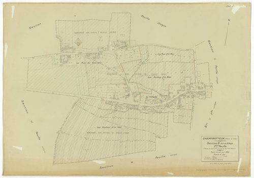 Plans minutes de conservation : CHAMPMOTTEUX : tableau d'assemblage n°1, ech. 1/10000 (1934-1953), sections A, B, C1, C2, ech. 1/2500, section D1 (2 feuillets), ech. 1/1250, sections D2, E, ech. 1/2500 (1934-1953) ; tableau d'assemblage n°2, ech. 1/10000 