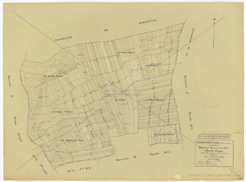 Plans minutes de conservation : CHAMPMOTTEUX : tableau d'assemblage n°1, ech. 1/10000 (1934-1953), sections A, B, C1, C2, ech. 1/2500, section D1 (2 feuillets), ech. 1/1250, sections D2, E, ech. 1/2500 (1934-1953) ; tableau d'assemblage n°2, ech. 1/10000 