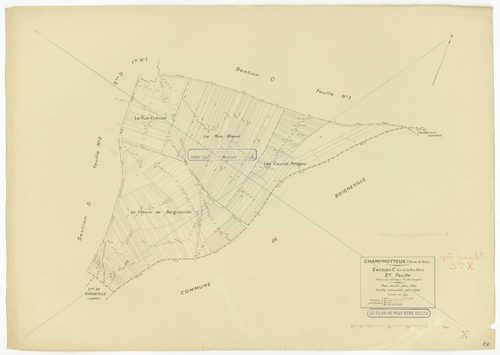 Plans minutes de conservation : CHAMPMOTTEUX : tableau d'assemblage n°1, ech. 1/10000 (1934-1953), sections A, B, C1, C2, ech. 1/2500, section D1 (2 feuillets), ech. 1/1250, sections D2, E, ech. 1/2500 (1934-1953) ; tableau d'assemblage n°2, ech. 1/10000 