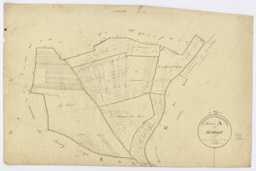 CHAMPMOTTEUX. - Section A - Buisson (le), ech. 1/2500, coul., aquarelle, papier, 65x96 (1813). 