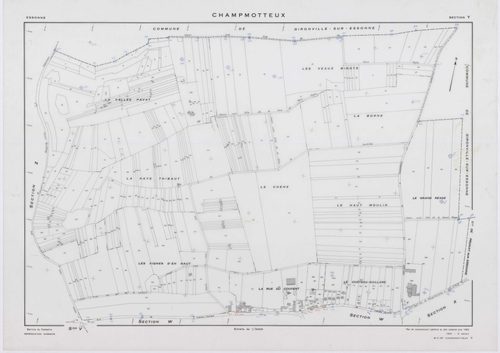 CHAMPMOTTEUX, plans minutes de conservation : tableau d'assemblage, 1953, Ech. 1/10000 ; plans des sections V, W, X, Y, Z, 1953, Ech. 1/2000, section ZA, 1961, Ech. 1/2000. Polyester. N et B. Dim. 105 x 80 cm [7 plans]. 