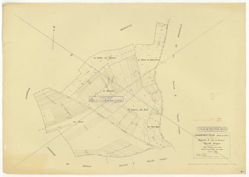 Plans minutes de conservation : CHAMPMOTTEUX : tableau d'assemblage n°1, ech. 1/10000 (1934-1953), sections A, B, C1, C2, ech. 1/2500, section D1 (2 feuillets), ech. 1/1250, sections D2, E, ech. 1/2500 (1934-1953) ; tableau d'assemblage n°2, ech. 1/10000 