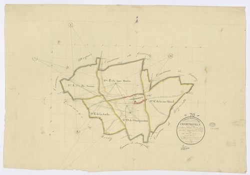 CHAMPMOTTEUX. - Plan d'assemblage, ech. 1/10000, coul., aquarelle, papier, 60x86 (1813). 