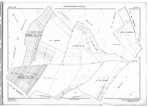 CHAMPMOTTEUX .- Cadastre révisé pour 1934 : plan du tableau d'assemblage, plans de la section A le Buisson, section C la Rue Bland 1ère feuille, idem 2ème feuille ; cadastre renouvelé pour 1953 mis à jour pour 1964 : plan du tableau d'assemblage, plan de 