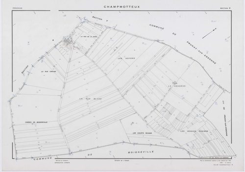 CHAMPMOTTEUX, plans minutes de conservation : tableau d'assemblage, 1953, Ech. 1/10000 ; plans des sections V, W, X, Y, Z, 1953, Ech. 1/2000, section ZA, 1961, Ech. 1/2000. Polyester. N et B. Dim. 105 x 80 cm [7 plans]. 