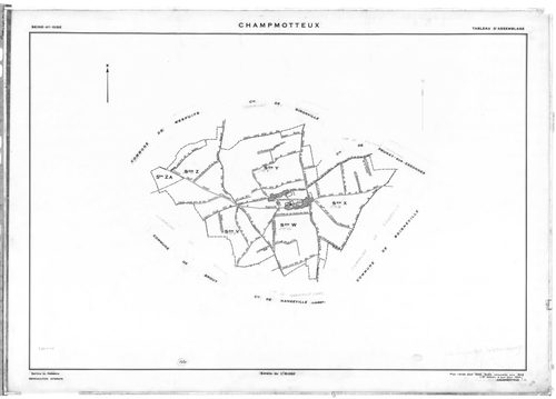 CHAMPMOTTEUX .- Cadastre révisé pour 1934 : plan du tableau d'assemblage, plans de la section A le Buisson, section C la Rue Bland 1ère feuille, idem 2ème feuille ; cadastre renouvelé pour 1953 mis à jour pour 1964 : plan du tableau d'assemblage, plan de 