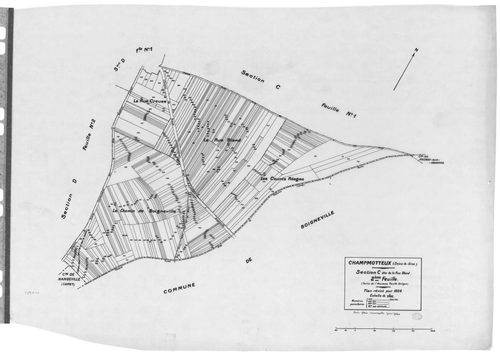 CHAMPMOTTEUX .- Cadastre révisé pour 1934 : plan du tableau d'assemblage, plans de la section A le Buisson, section C la Rue Bland 1ère feuille, idem 2ème feuille ; cadastre renouvelé pour 1953 mis à jour pour 1964 : plan du tableau d'assemblage, plan de 