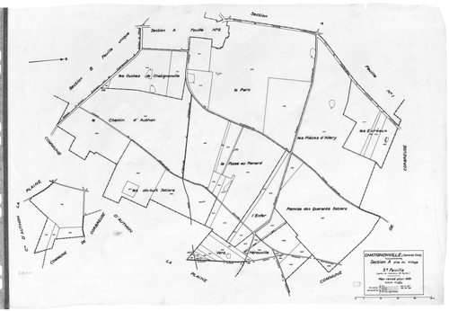 CHATIGNONVILLE .- Cadastre révisé pour 1933 : plan du tableau d'assemblage, plans de la section A le Village 1ère feuille, idem 2ème feuille, idem 3ème feuille, section B les Plaideurs ; cadastre révisé pour 1957 : plan du tableau d'assemblage, plans de l