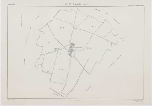 CHATIGNONVILLE, plans minutes de conservation : tableau d'assemblage, 1933, Ech. 1/5000 ; plans des section A, 1933, Ech. 1/1000, sections W, X, Y, Z, 1957, Ech. 1/2000, section ZA, 1975, Ech. 1/2000. Polyester. N et B. Dim. 105 x 80 cm [7 plans]. 