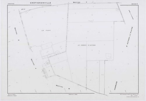 CHATIGNONVILLE, plans minutes de conservation : tableau d'assemblage, 1933, Ech. 1/5000 ; plans des section A, 1933, Ech. 1/1000, sections W, X, Y, Z, 1957, Ech. 1/2000, section ZA, 1975, Ech. 1/2000. Polyester. N et B. Dim. 105 x 80 cm [7 plans]. 