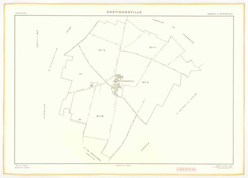 Plans minutes de conservation : CHATIGNONVILLE : tableau d'assemblage n°1, ech. 1/10000 (1933), section A1, ech. 2500, section A2, ech. 1/1250, A3, ech. 1/2500, section B, ech. 1/2500 (1933) ; tableau d'assemblage n°2, ech. 1/5000 (1957), sections A, ech.