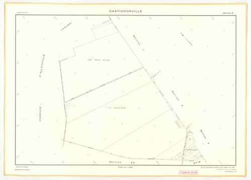 Plans minutes de conservation : CHATIGNONVILLE : tableau d'assemblage n°1, ech. 1/10000 (1933), section A1, ech. 2500, section A2, ech. 1/1250, A3, ech. 1/2500, section B, ech. 1/2500 (1933) ; tableau d'assemblage n°2, ech. 1/5000 (1957), sections A, ech.