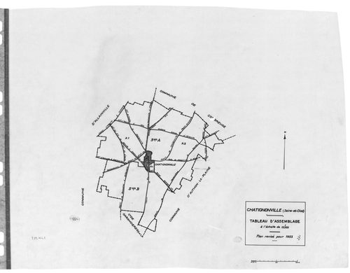 CHATIGNONVILLE .- Cadastre révisé pour 1933 : plan du tableau d'assemblage, plans de la section A le Village 1ère feuille, idem 2ème feuille, idem 3ème feuille, section B les Plaideurs ; cadastre révisé pour 1957 : plan du tableau d'assemblage, plans de l