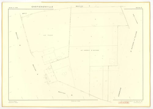 Plans minutes de conservation : CHATIGNONVILLE : tableau d'assemblage n°1, ech. 1/10000 (1933), section A1, ech. 2500, section A2, ech. 1/1250, A3, ech. 1/2500, section B, ech. 1/2500 (1933) ; tableau d'assemblage n°2, ech. 1/5000 (1957), sections A, ech.