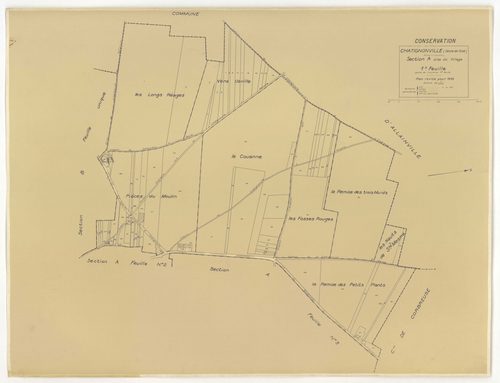 Plans minutes de conservation : CHATIGNONVILLE : tableau d'assemblage n°1, ech. 1/10000 (1933), section A1, ech. 2500, section A2, ech. 1/1250, A3, ech. 1/2500, section B, ech. 1/2500 (1933) ; tableau d'assemblage n°2, ech. 1/5000 (1957), sections A, ech.
