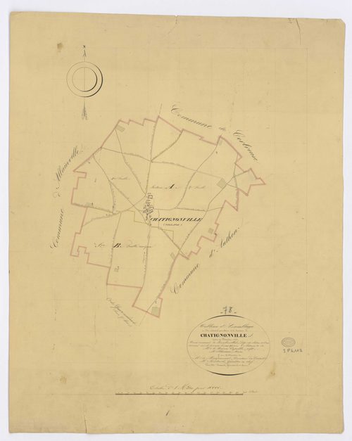 CHATIGNONVILLE. - Plan d'assemblage, ech. 1/10000, coul., aquarelle, papier, 68x53 (1828). 