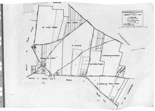 CHATIGNONVILLE .- Cadastre révisé pour 1933 : plan du tableau d'assemblage, plans de la section A le Village 1ère feuille, idem 2ème feuille, idem 3ème feuille, section B les Plaideurs ; cadastre révisé pour 1957 : plan du tableau d'assemblage, plans de l