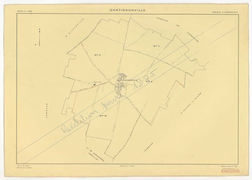 Plans minutes de conservation : CHATIGNONVILLE : tableau d'assemblage n°1, ech. 1/10000 (1933), section A1, ech. 2500, section A2, ech. 1/1250, A3, ech. 1/2500, section B, ech. 1/2500 (1933) ; tableau d'assemblage n°2, ech. 1/5000 (1957), sections A, ech.