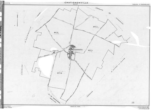 CHATIGNONVILLE .- Cadastre révisé pour 1933 : plan du tableau d'assemblage, plans de la section A le Village 1ère feuille, idem 2ème feuille, idem 3ème feuille, section B les Plaideurs ; cadastre révisé pour 1957 : plan du tableau d'assemblage, plans de l