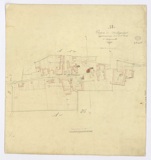 CHATIGNONVILLE. - Section A - Village (le), (Développement), ech. 1/1250, coul., aquarelle, papier, 55x50 (1828). 